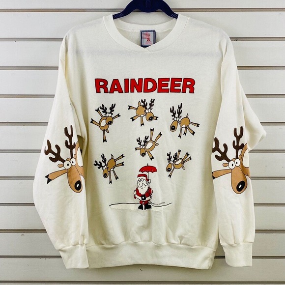 Vtg Womens M Raindeer Christmas Sweatshirt Santa Raining Reindeer Umbrella 1988 - Picture 5 of 12